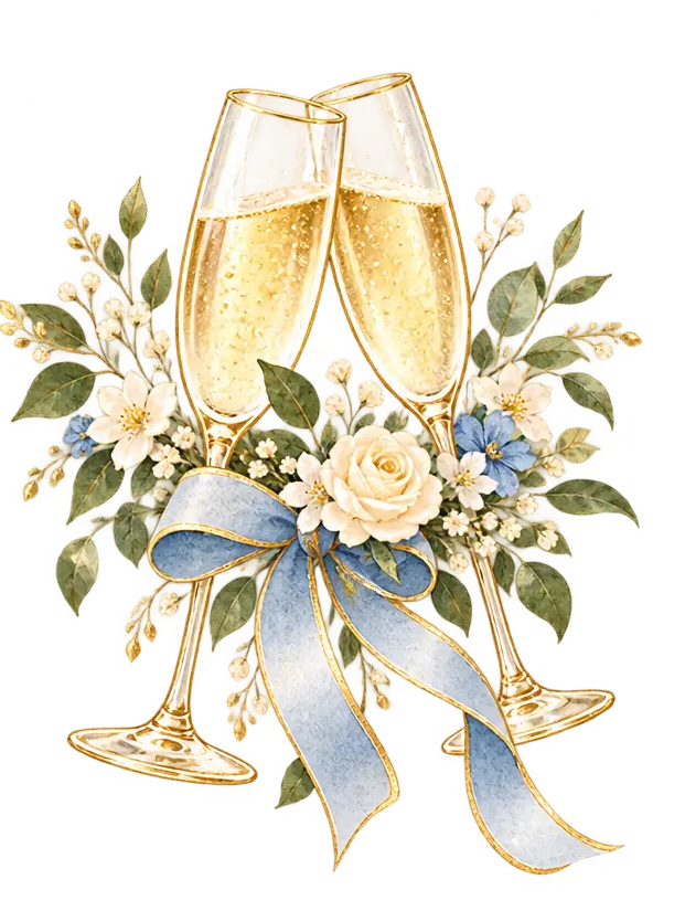 Copas de champagne con flores blancas y celestes