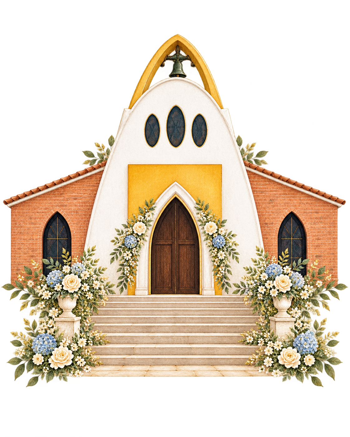 Ilustración de una iglesia campestre con flores
